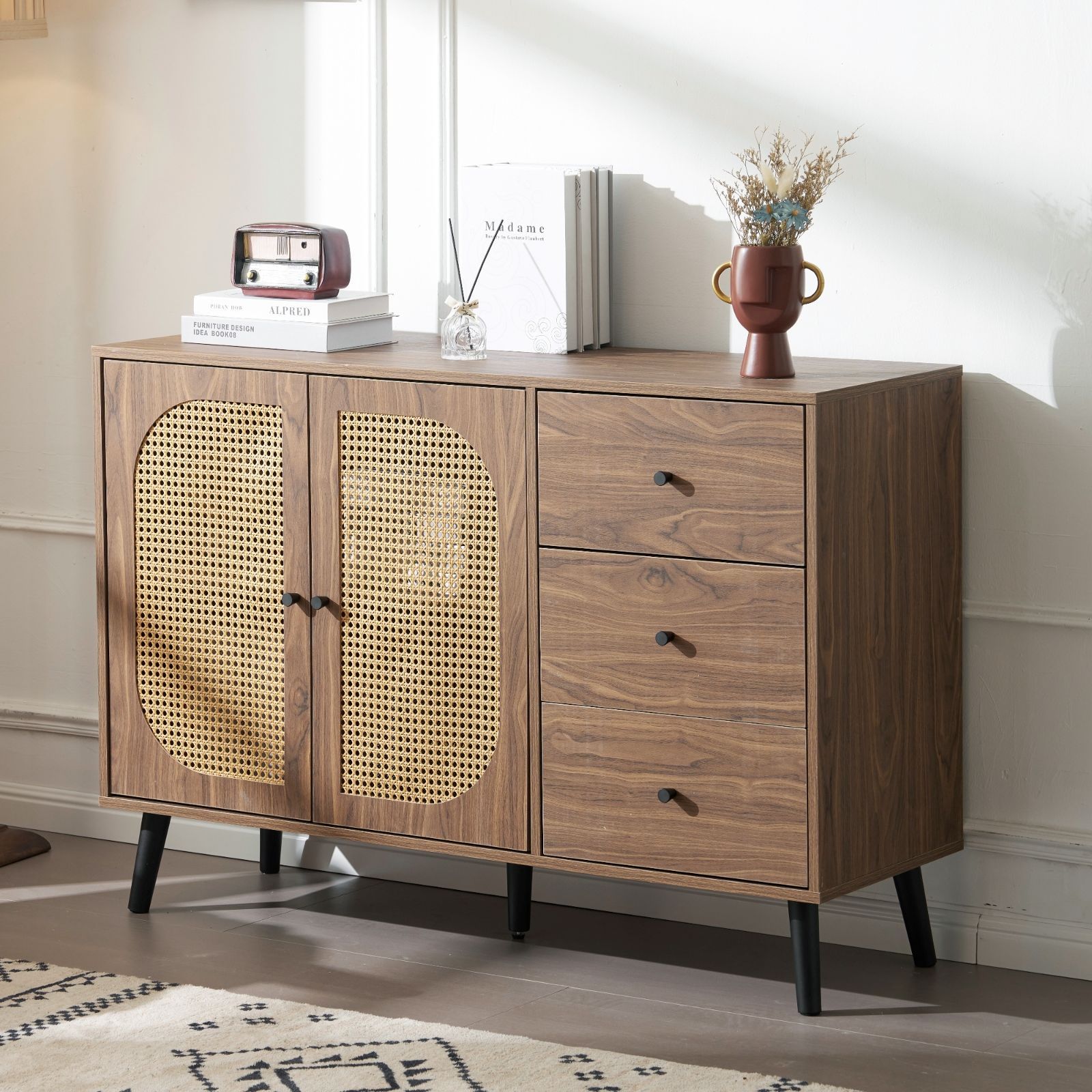 赤字SALE！キャビネット サイドボード チェストラタン調 ラタン風 引き出し付 赤字セール！大容量キャビネット サイドボード チェストラタン調 BROWN