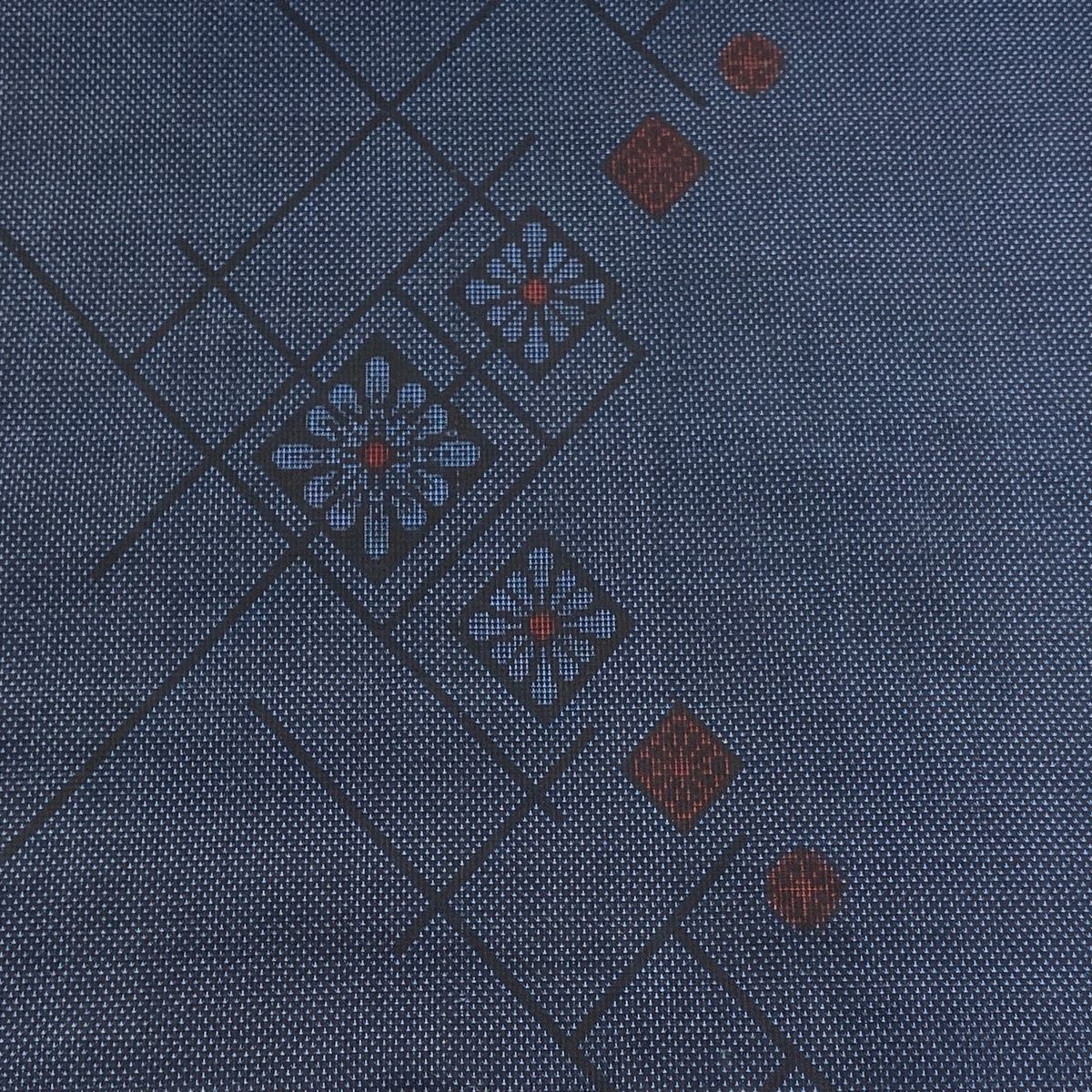 反物 秀品 紬 証紙 花菱 幾何学模様 濃紺 正絹