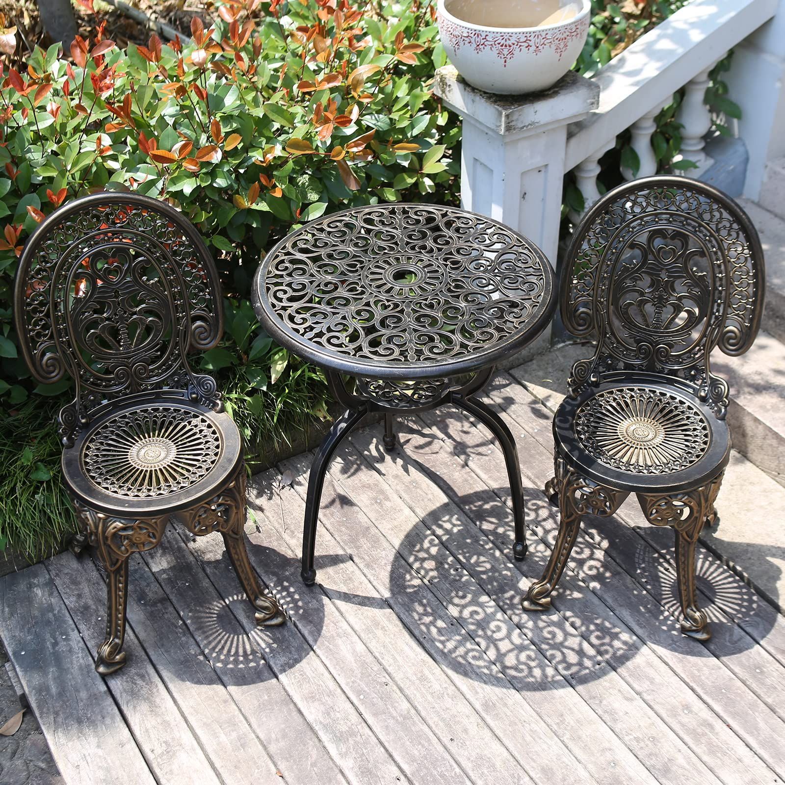 新着商品 クラウンタイプ屋内外使用 庭鋳造アルミテーブルチェアセット金属家具バルコニー1テーブル2椅子居酒屋テーブルチェア Bronzed