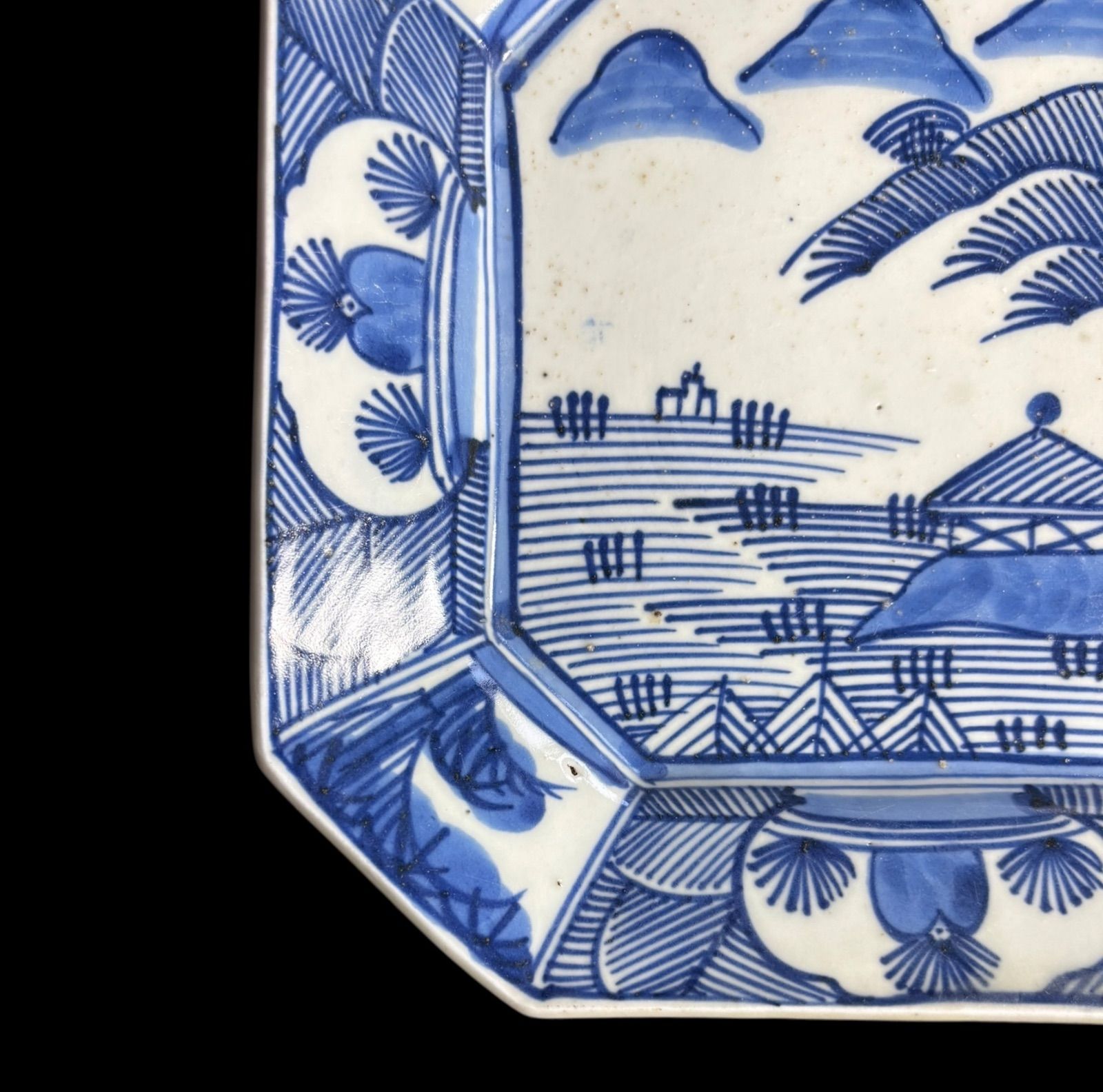 古伊万里 八角絵皿 [山水風景図] 玩 銘あり 染付 年代物 八角皿