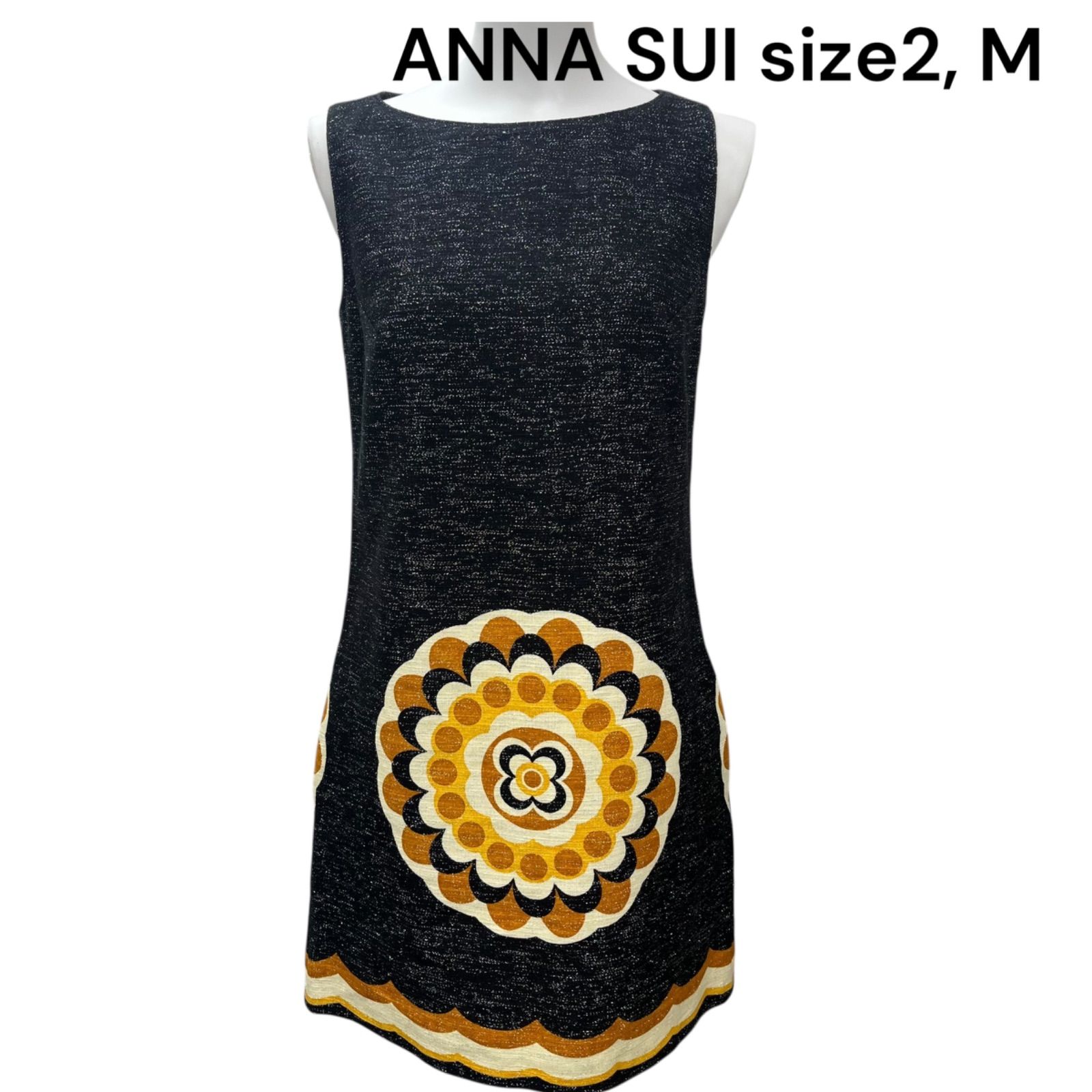 □美品 アナスイ ANNA SUI ワンピース 麻、綿混 花柄 2、M レディース
