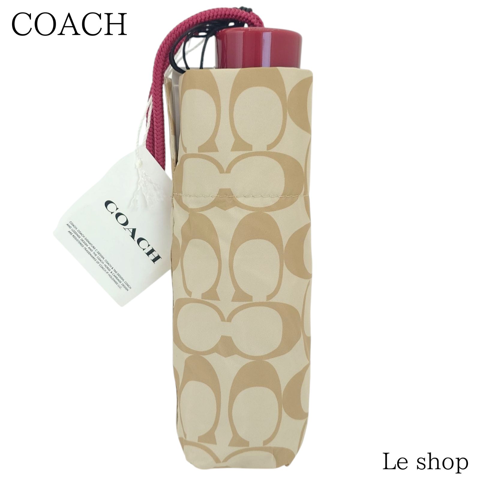 COACH コーチ 折りたたみ傘 晴雨兼用 日傘 UVカット シグネチャー ライトカーキ ルージュ レディース