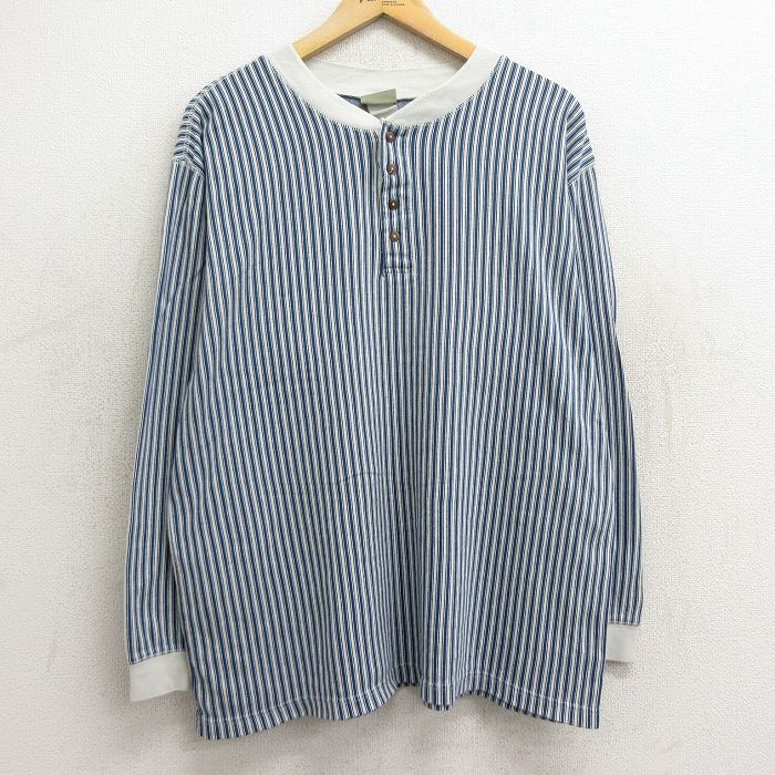 XL/古着 エルエルビーン LLBEAN 長袖 ビンテージ Tシャツ メンズ 90s 大きいサイズ ヘンリーネック 紺他 ネイビー ストライプ spe 24aug28 