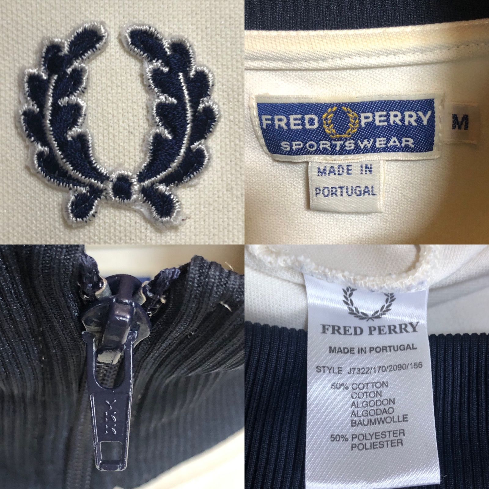 美品⭐️Fred Perry トラックジャケットM 刺繍月桂樹 ベージュ×ネイビー 美品⭐️Fred Perry トラックジャケットM 刺繍月桂樹 ベージュ