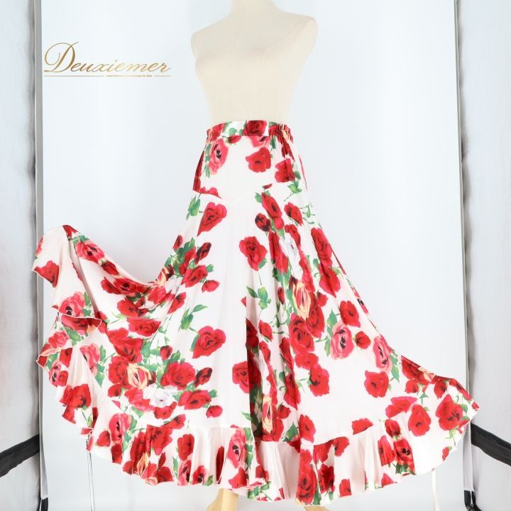 フラメンコ 衣装 ファルダ スカート 白 赤 花柄 軽い 光沢 薔薇 緑