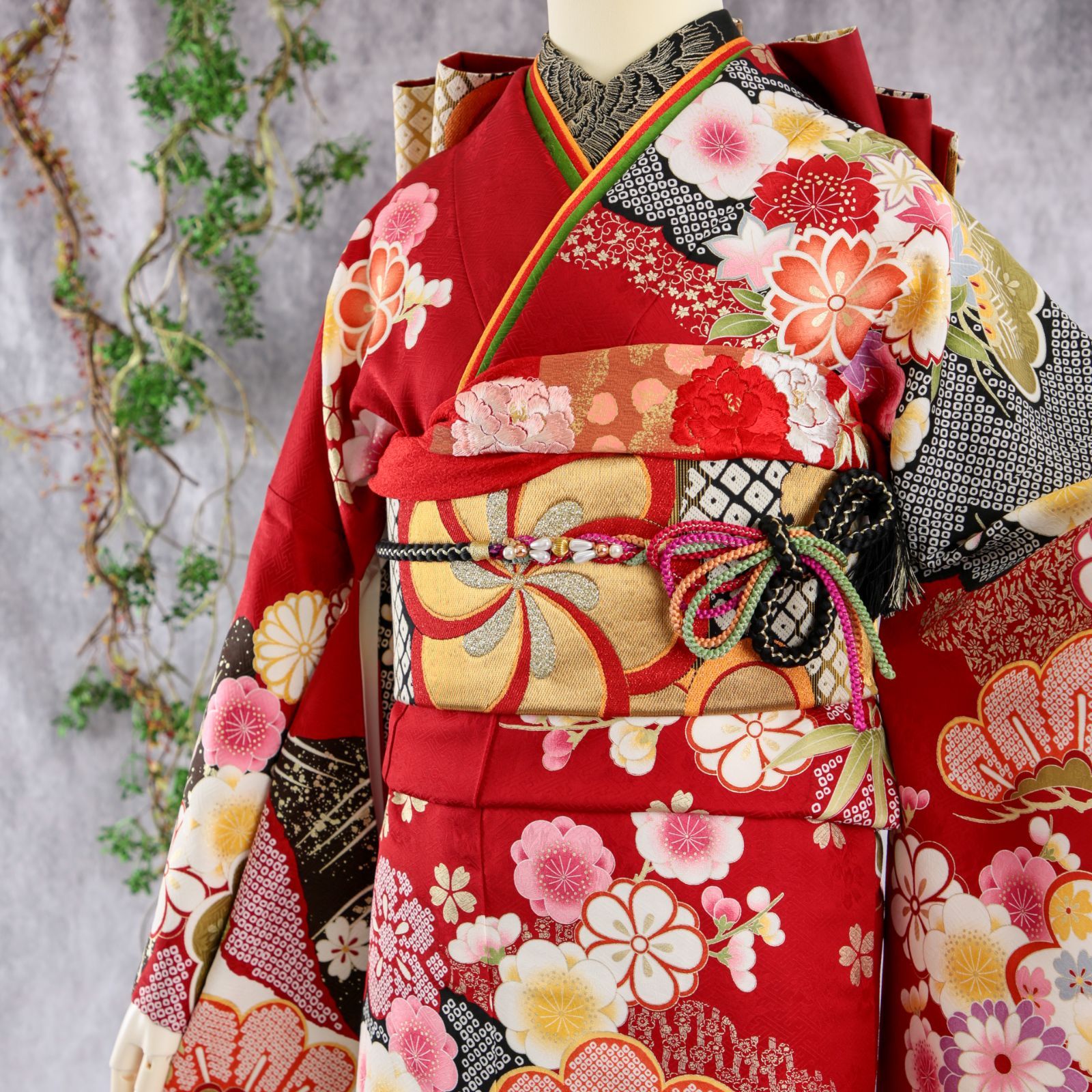 振袖フルセット 振袖セット 振袖 Lサイズ 中古 赤×新古典 美品 成人式 
