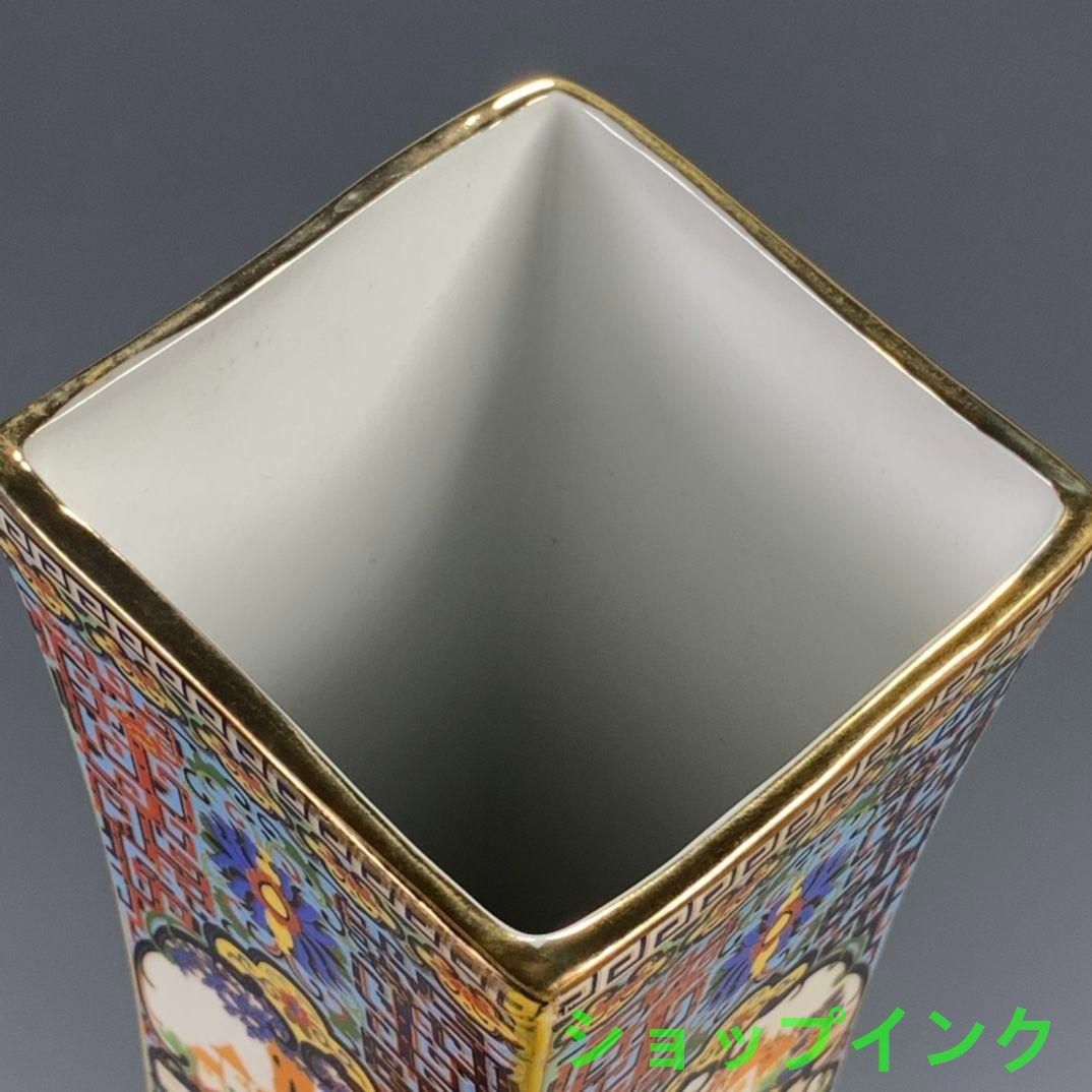 パステル蒔絵人物四角い花瓶 景徳鎮 陶磁器 装飾品 工芸品 美術