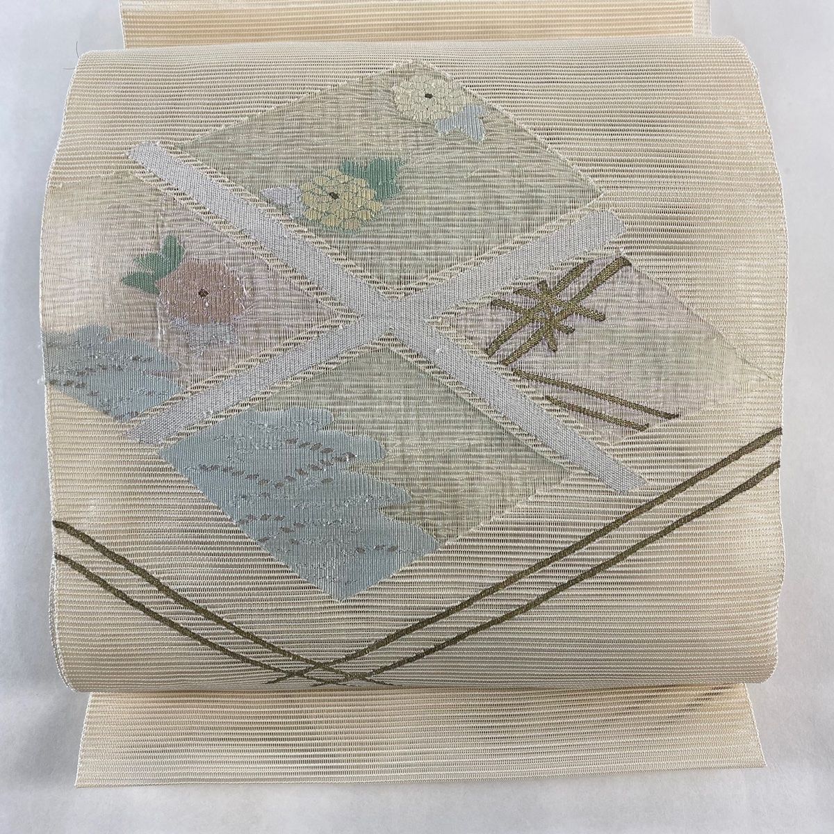 名古屋帯 秀品 夏帯 絽 八寸名古屋帯 松葉仕立て 草花 松 金糸 ベージュ 正絹