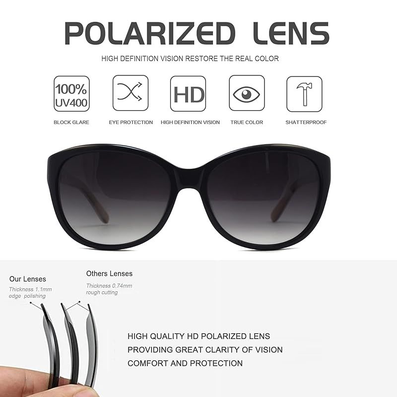 [SunCristal] サングラス レディース 偏光レンズ メガネ 運転用 紫外線 UV400カット 大きいフレーム おしゃれ 小顔 メガネケース付-[黒] 偏光 サングラス レディース uvカット ブランド おしゃれ