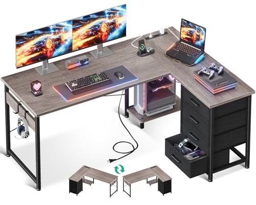desk 棚付き 収納 pcデスク 幅135*100 オフィスデスク 机 仕事用 デスク l字デスク 在宅勤務 コンセント付き 組立簡単 パソコンデスク 引き出し付き グレー ゲーミングデスク
