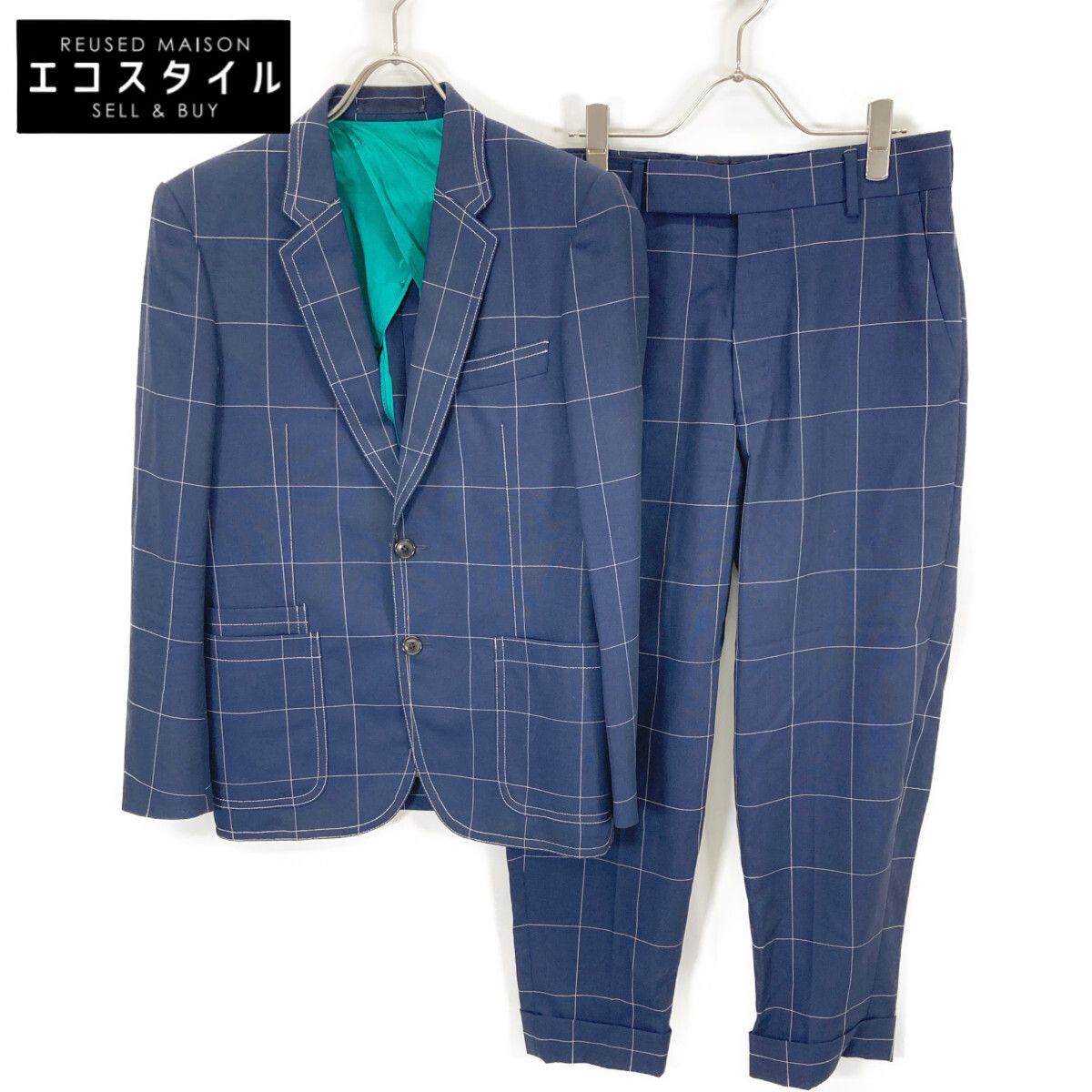 PaulSmith ポールスミス PF-IS-80651|PF-MH-58578 ﾌﾞﾙｰ ｳｰﾙ ｳｨﾝﾄﾞｳﾍﾟﾝﾁｪｯｸ2Pｽｰﾂｾｯﾄｱｯﾌﾟ S