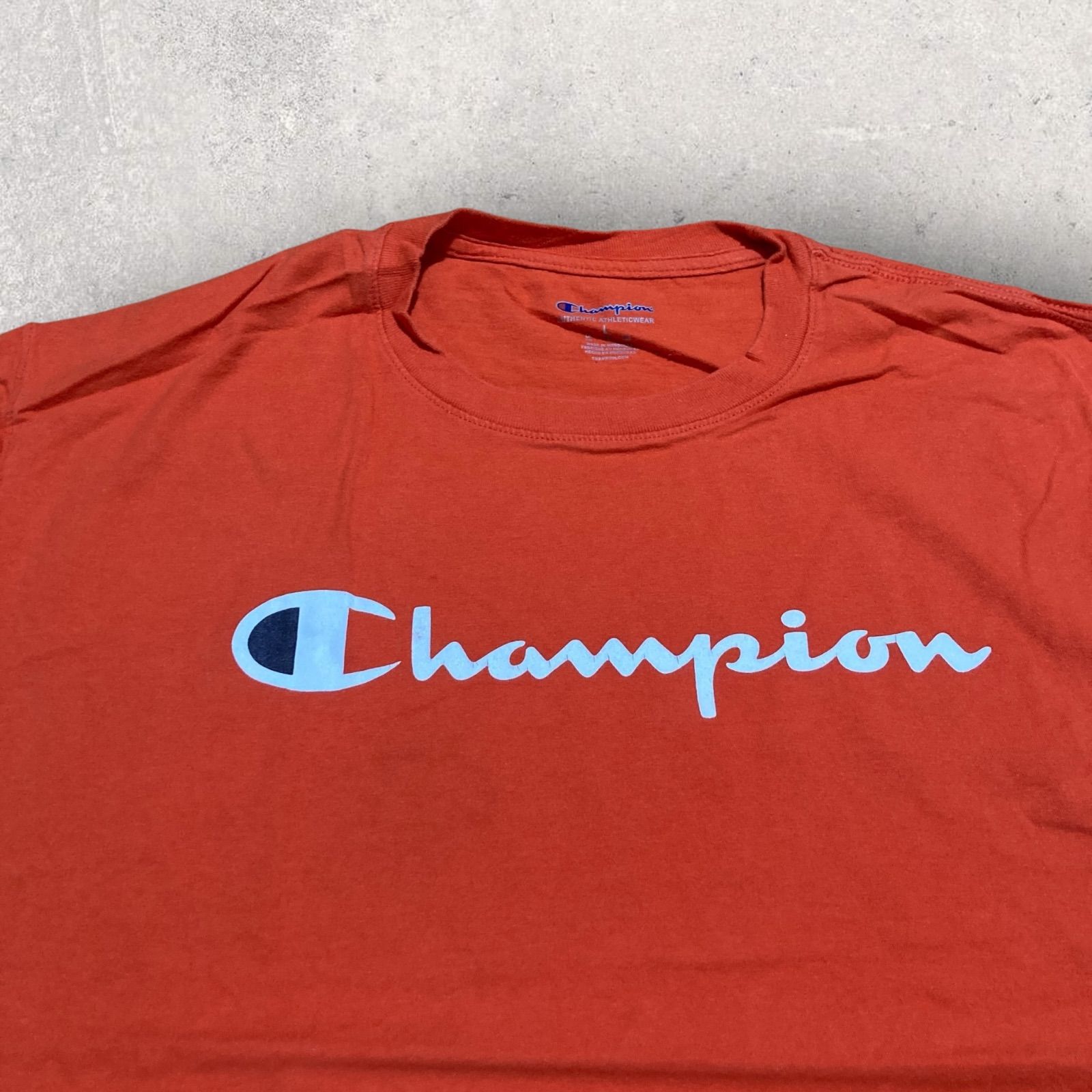 US古着 Champion チャンピオン ロゴ ワンポイント Tシャツ L オレンジ 