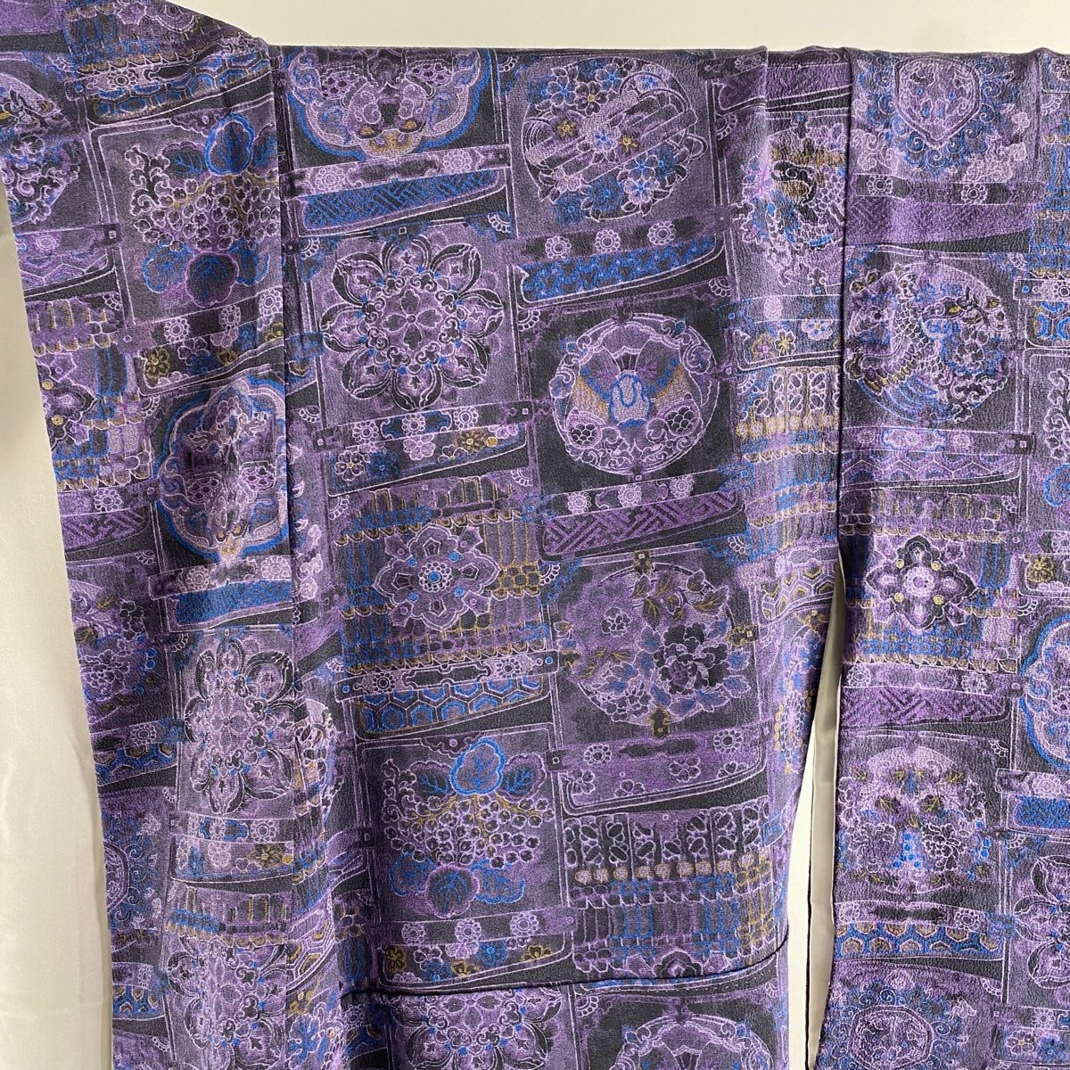 小紋 身丈168cm 裄丈68.5cm L 袷 前田仁仙 落款 華文 花鳥 紫 正絹  