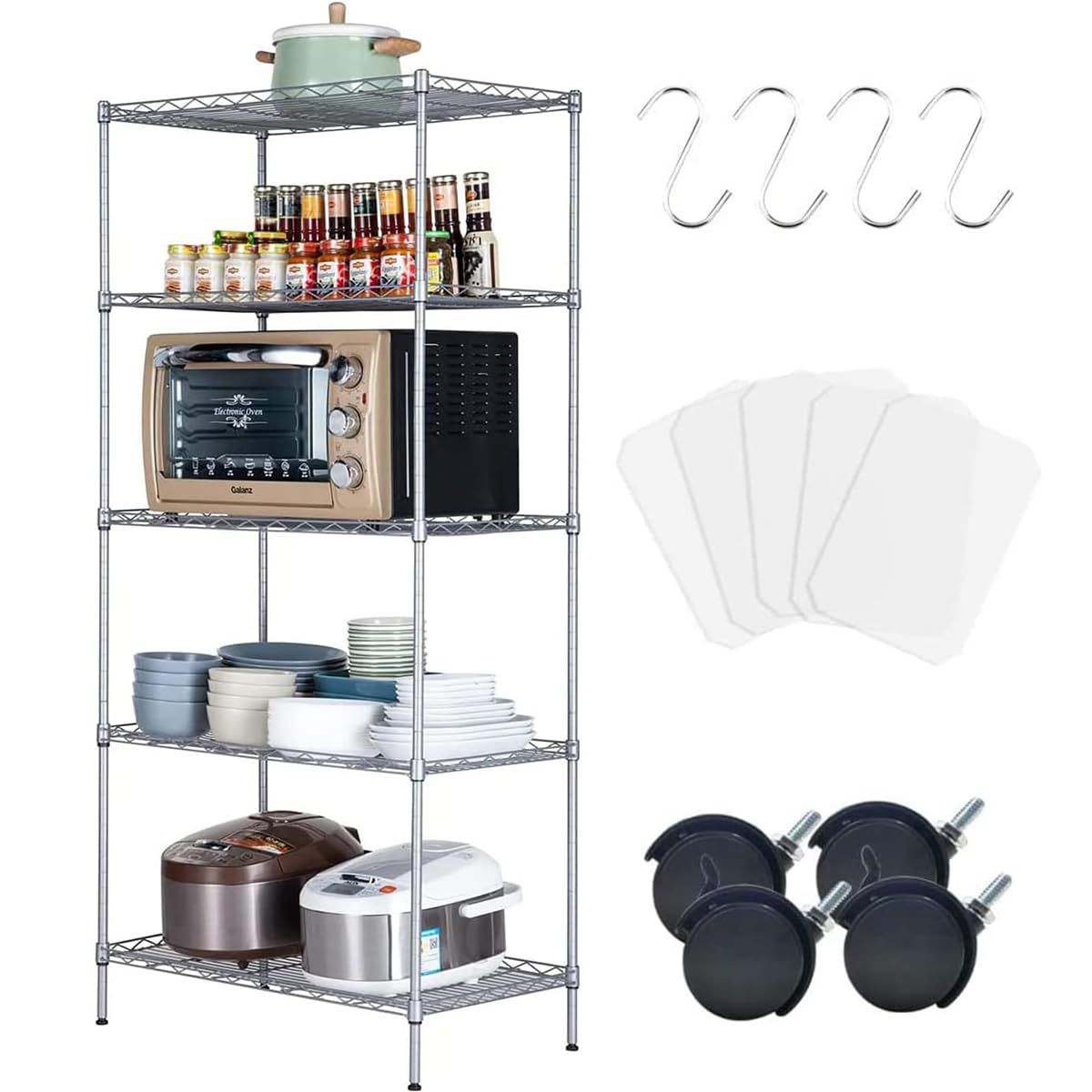 送料無料 スチールラック メタルラック キッチンラック 本体 高さ調節 5段 防サビ加工 棚 収納 頑丈 キャスター付き シルバー 幅70×奥行40×高さ150cm