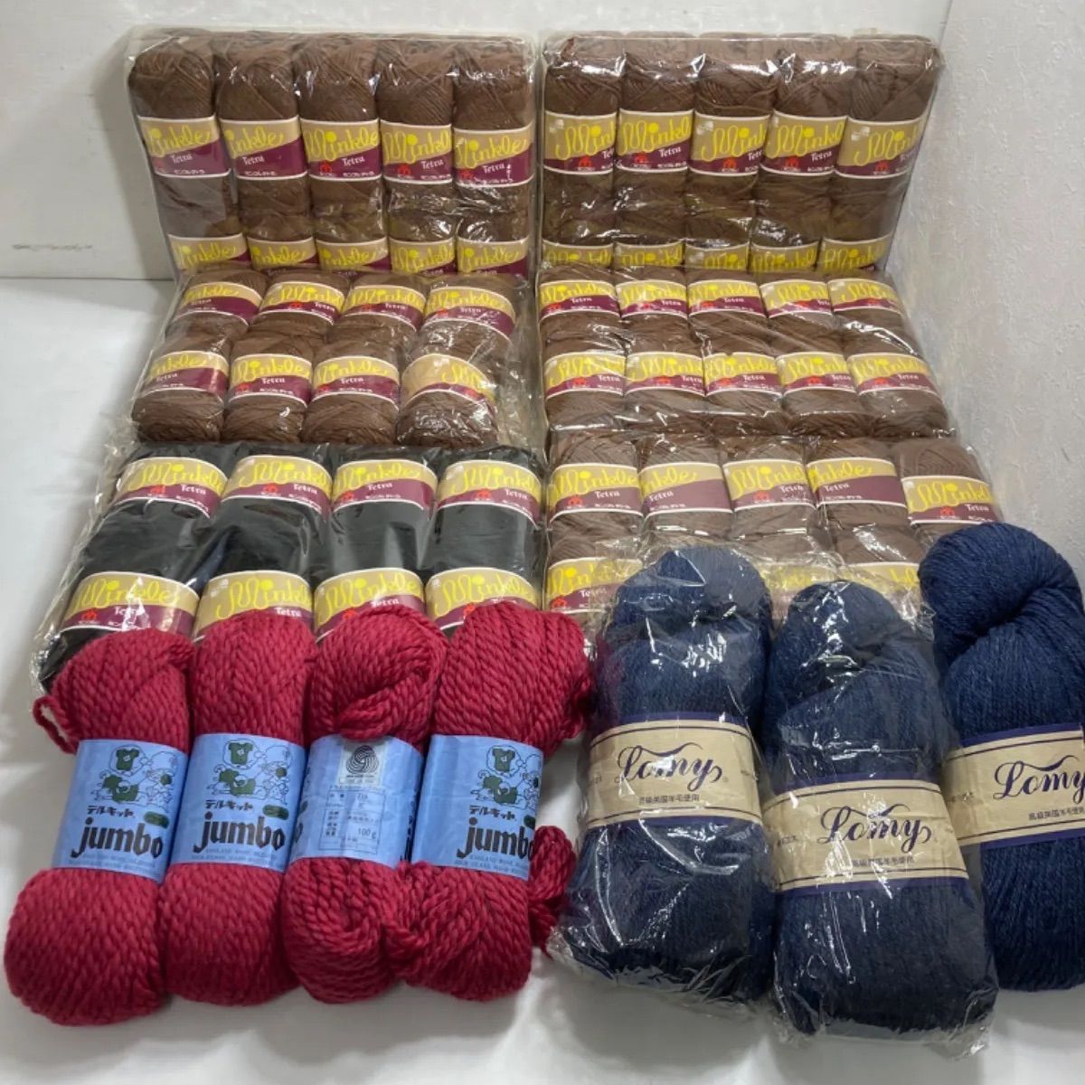 新品未使用品！　 英国羊毛　毛100%、アクリル/毛混　毛糸　 63玉　約4.2kg  まとめ売り   英国羊毛  ロミー純毛  ミンクルテトラ   ダイヤファイバーズ   並太  ハンドメイド　4.90kg 