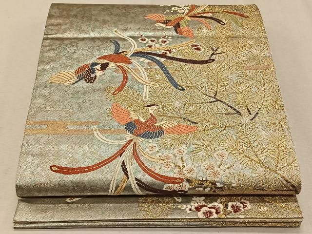 平和屋着物◎六通柄袋帯 唐織 瑞祥鴛鴦牡丹文 プラチナ箔 正絹