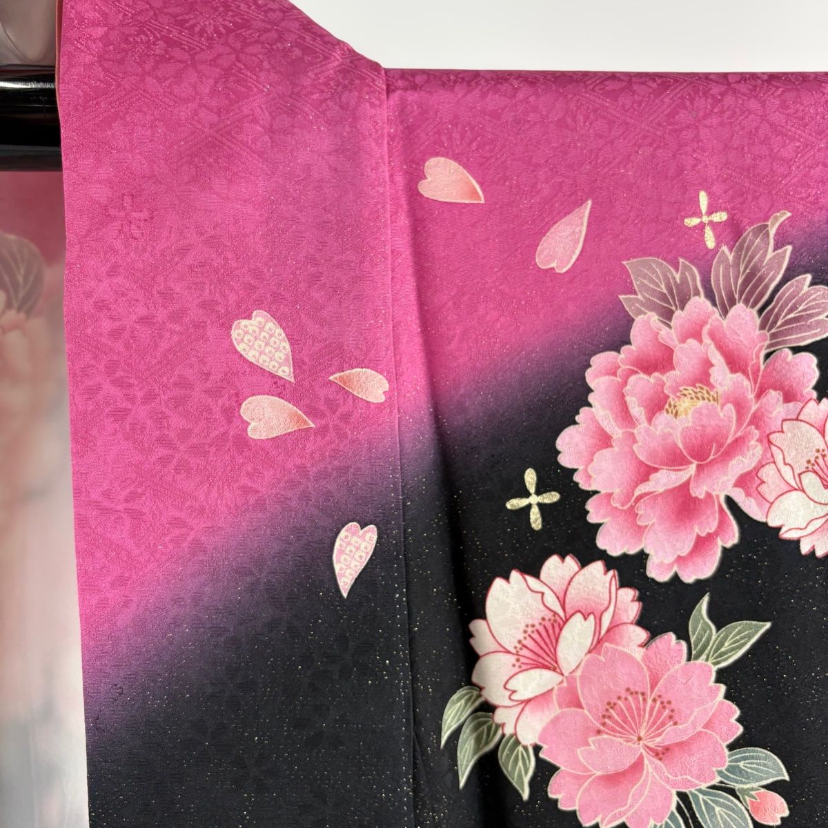 振袖 袷 牡丹 L 正絹 桜 裄丈68cm 身丈161.5cm 金糸 赤 箔 落款 M 金彩 