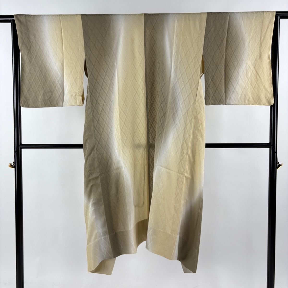 道中着 身丈123cm 裄丈65.5cm M 和装コート 着物衿 紋紗 斜め格子 ぼかし 茶緑色 正絹
