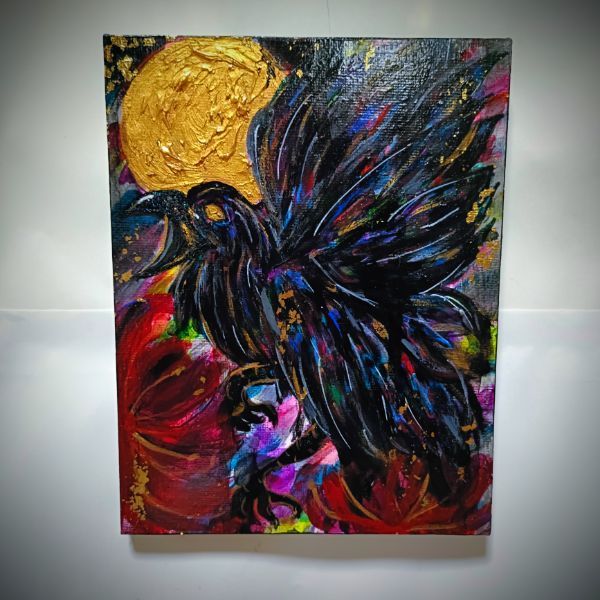 一点物アート/F0号】八咫烏と月【現代アート/アクリル画/絵画】 F0号】