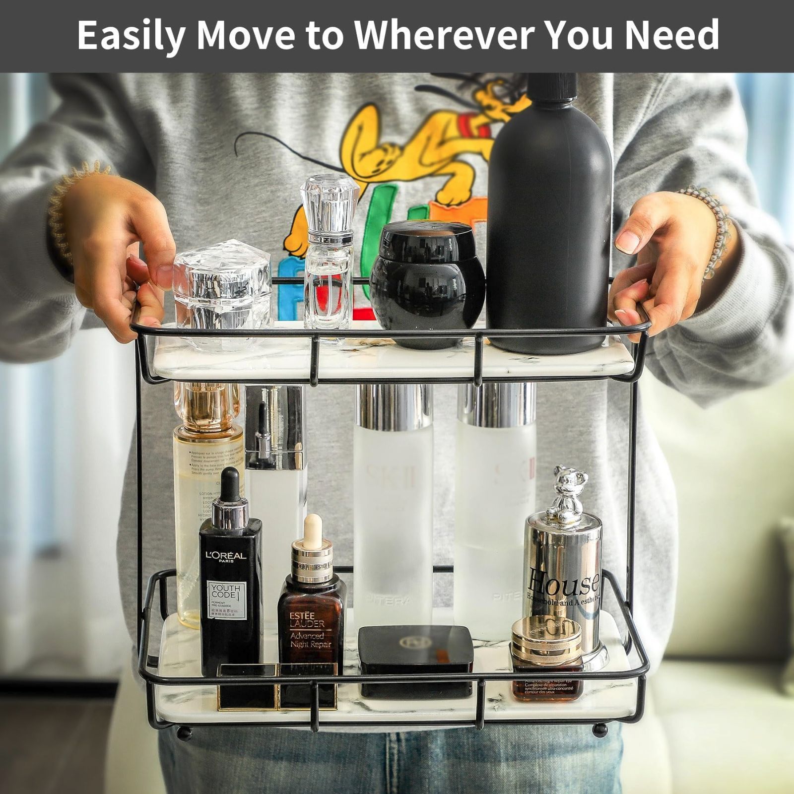 ラック 収納棚 化粧品収納 ディスプレイラック 化粧台トレイ ドレッサー バスルームオーガナイザー カウンタートップ 香水オーガナイザー メイクアップオーガナイザー ステンレススチール シェルフ ホワイトマーブル セラミックトレイ 2段 L-ブラック MARWIL-DEMENAGEMENTS_CH