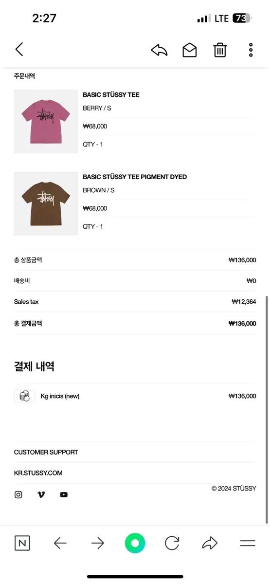 STUSSY ステューシー 2025 ベーシック Tシャツ ベリー 茶色