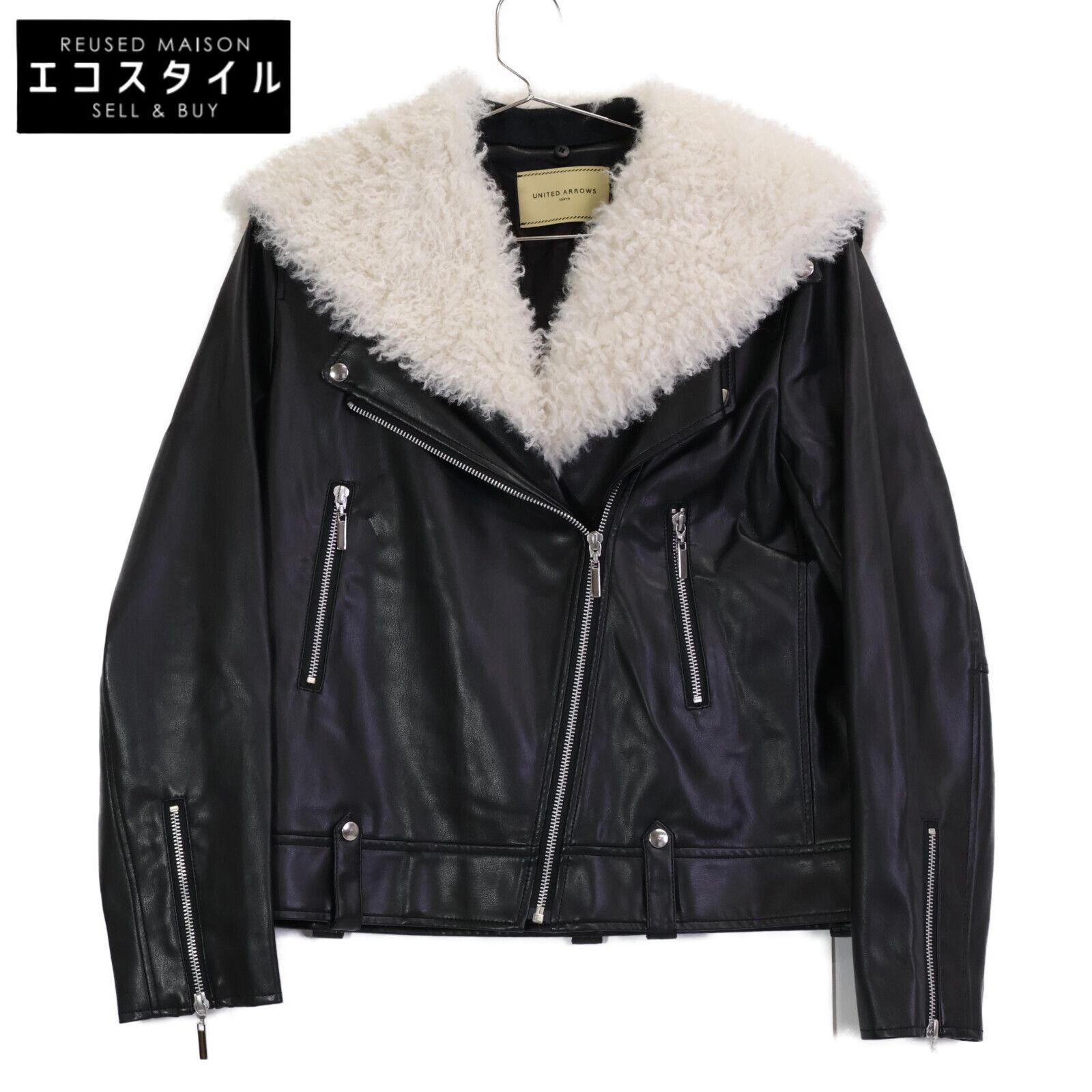 UNITED ARROWS ユナイテッドアローズ ﾌﾞﾗｯｸ ﾌｧｰ付き ﾀﾞﾌﾞﾙﾗｲﾀﾞｰｽｼﾞｬｹｯﾄ  