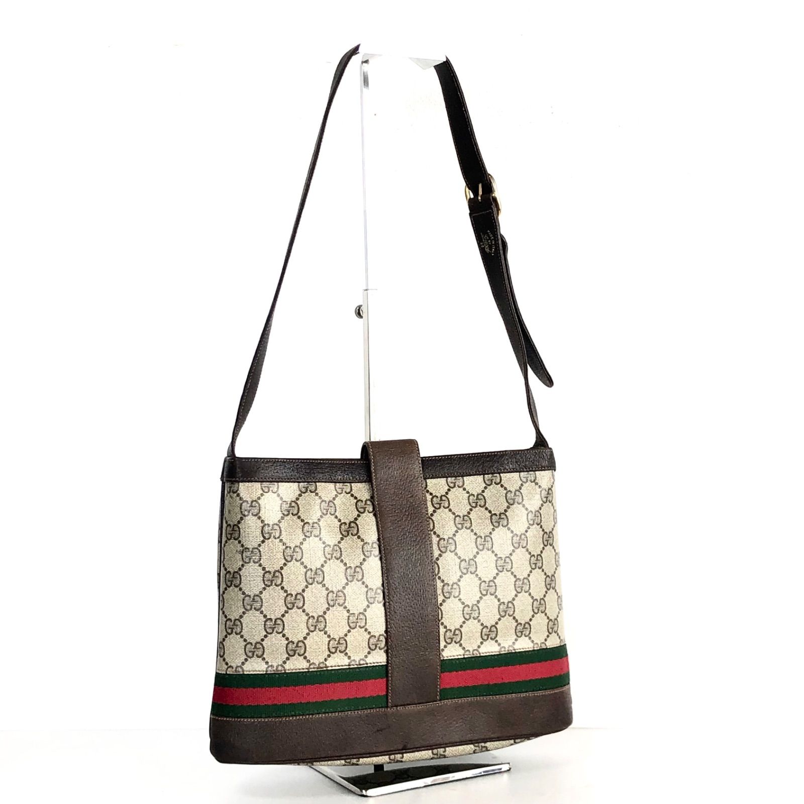 □美品□希少□鑑定済み□GUCCI グッチ ワンショルダーバッグ GGスプリーム シェリーライン インターロッキングG GG金具  コーティングキャンバス×レザー ワンショルダー 筆記体ロゴ オールドグッチ グレー×ブラウン ゴールド金具 - メルカリ