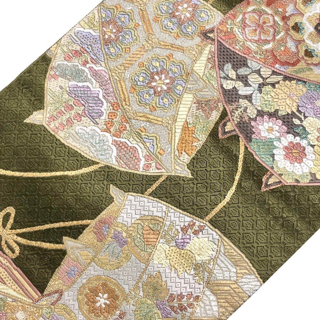 袋帯 糸枠に美しい花模様 華柄模様 金銀糸 橄欖色 O-4672 【公式通販】