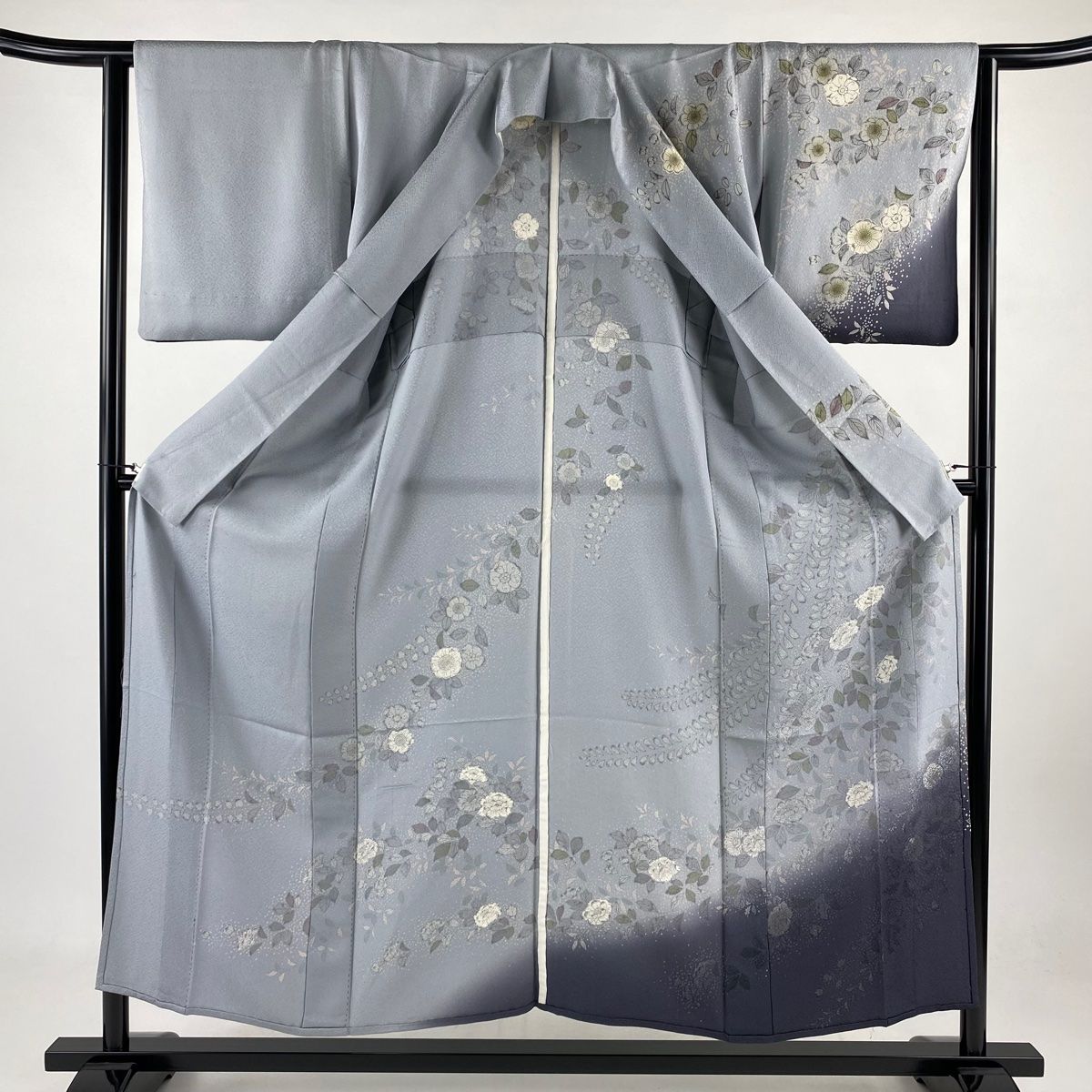 訪問着 名品 身丈153.5cm 裄丈64cm 正絹 訪問着 身丈153.5cm 裄丈64cm M 袷 草花 建物 刺繍 金彩 灰緑