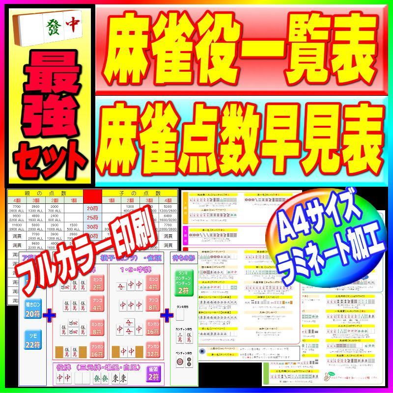 ☆麻雀最強セット☆【麻雀役一覧表】【麻雀点数早見表】A4ラミネート