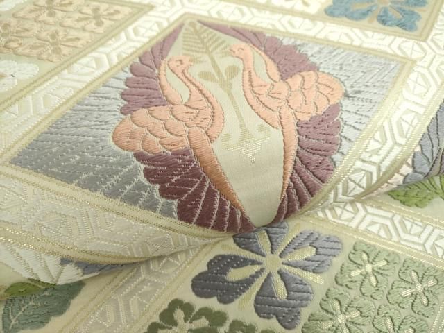 平和屋着物●全通柄袋帯　唐織　双鶴菱花文　金糸　正絹　逸品　DAAX4842ps 平和屋着物○全通柄袋帯 唐織 双鶴菱花文 金糸 正絹 逸品 DAAX4842ps