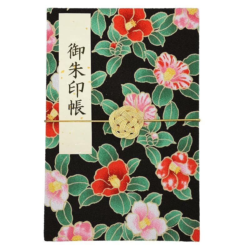 御朱印帳 ご朱印帳 水引ゴム特典付 かわいい 見開き 和柄 ちりめん生地 朱印帳 お寺 御集印帳 ご朱印 (高さ約18cm， 椿（黒）)