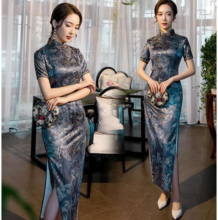 ロング丈チャイナドレス 半袖 ロングチャイナ服 紺色系中華服 中華ドレス 穏やかなチャイナワンピース シックな花柄 中国風パーティードレ