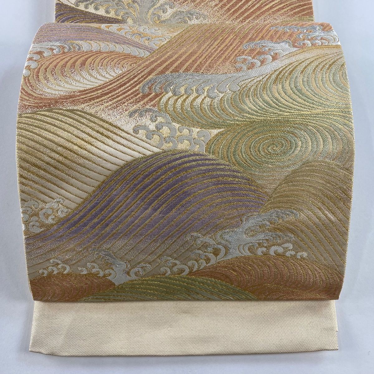 袋帯 美品 秀品 波頭 金銀糸 箔 ベージュ 六通 正絹 【中古