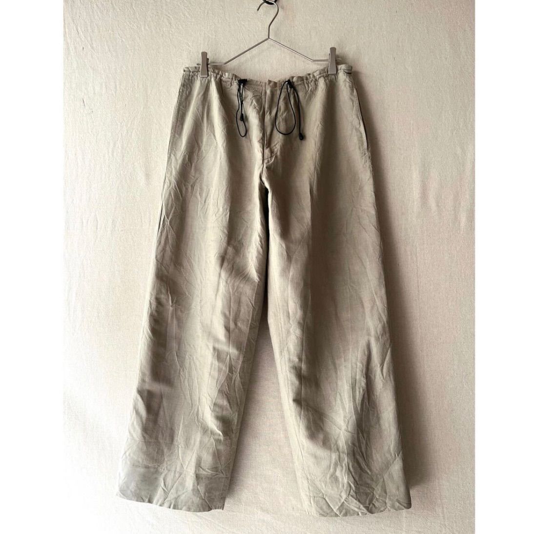 イタリア製 90s HILTON イージーパンツ 50 コットン リネン ベージュ ゴム ドローコード ユーロ ビンテージ P5-06009-1376