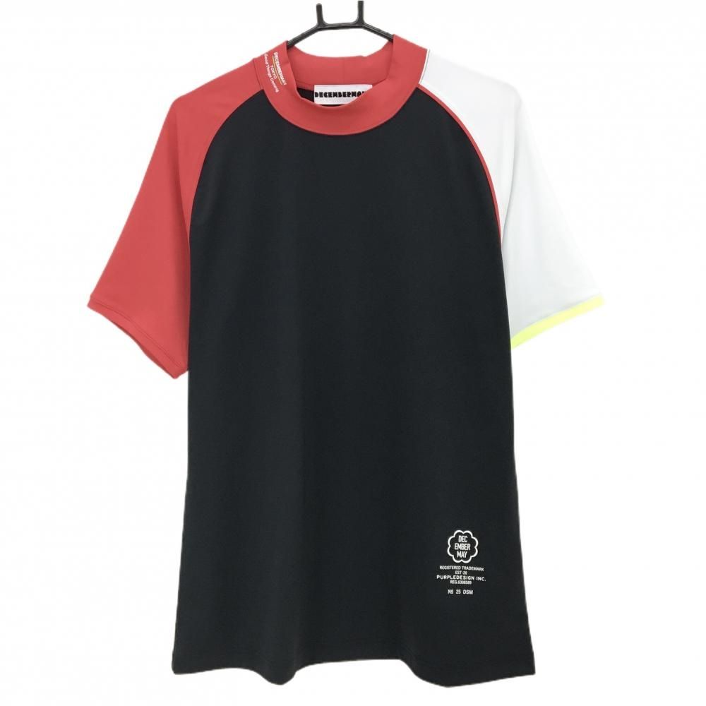 ディセンバーメイ 半袖ハイネックシャツ 黒×レッド×白 ストレッチ メンズ XL ゴルフウェア DECEMBERMAY