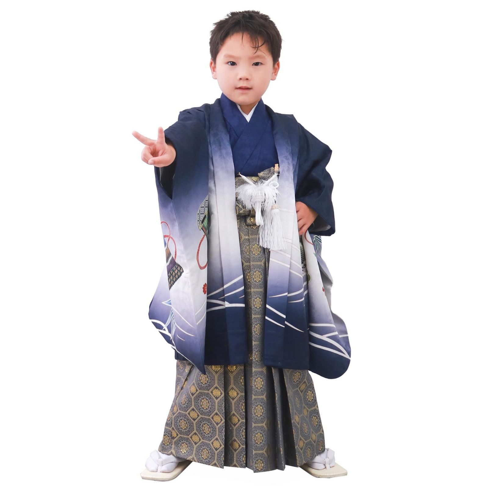 KYOETSU キョウエツ 七五三 5歳 男の子 着物 セット 羽織 袴 フルセット 753 絵羽 A 14 兜-紺＋藍鼠