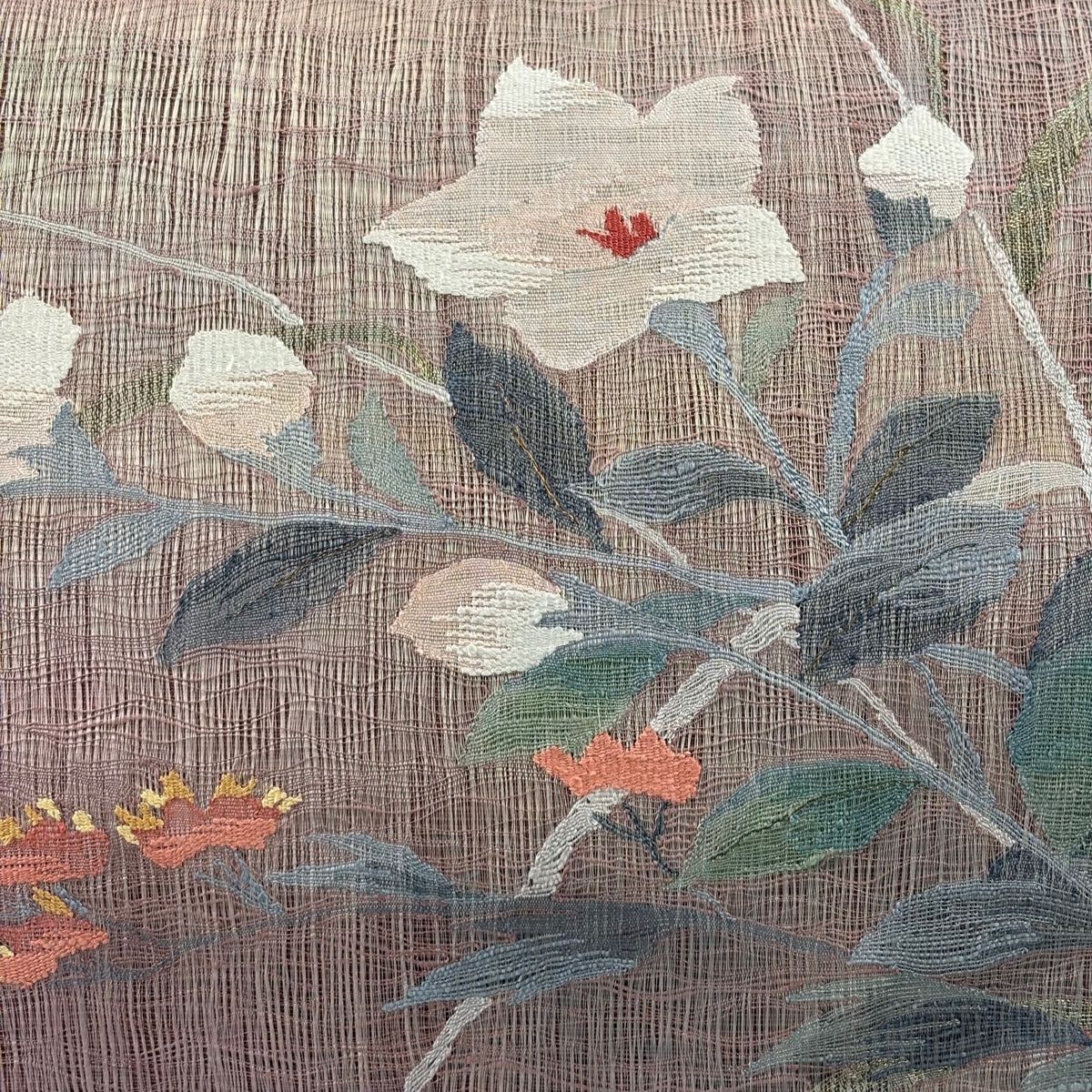 袋帯 秀品 夏帯 草花 金糸 小豆色 お太鼓柄 正絹 【中古