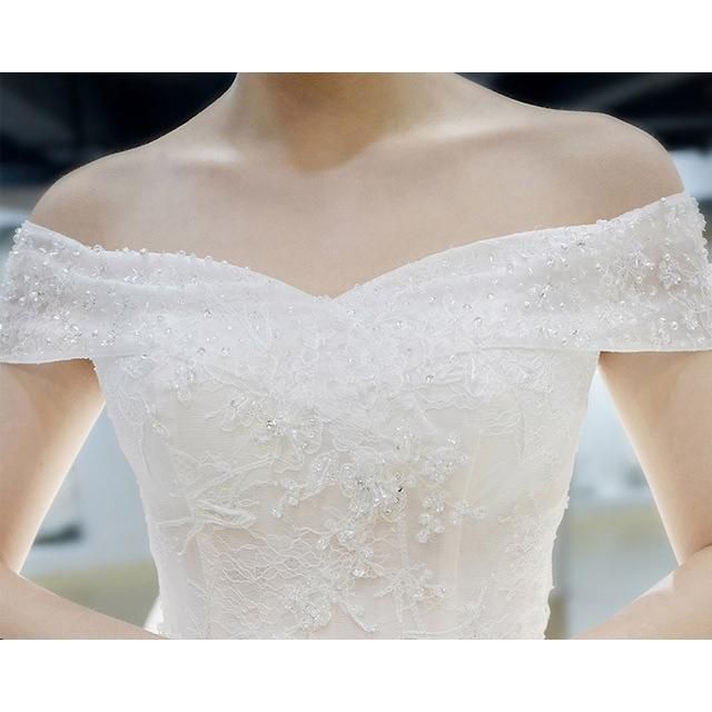 ウェディングドレス トレーン 結婚式ドレス オフショルダー 白