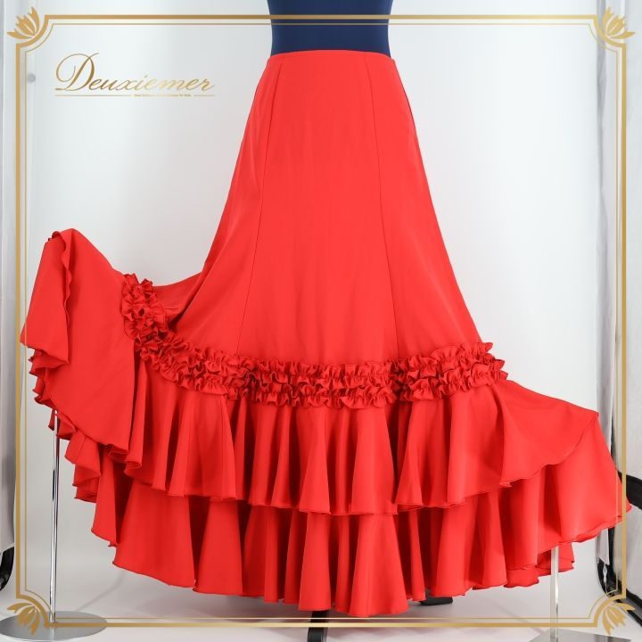 フラメンコ 衣装 ファルダ レッド系 スカート ボランテ 赤 華やか 無地 フリル 上品 鮮やか ダンス衣装 シンプル 発表会 レッスン かわいい