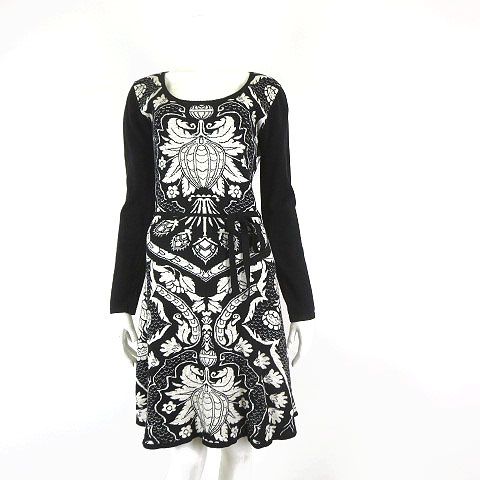 デシグアル Desigual ワンピース ニット ラメ ダマスク 総柄 ウエストリボン ストレッチ 長袖 M 黒 ブラック オフ白 ゴールド