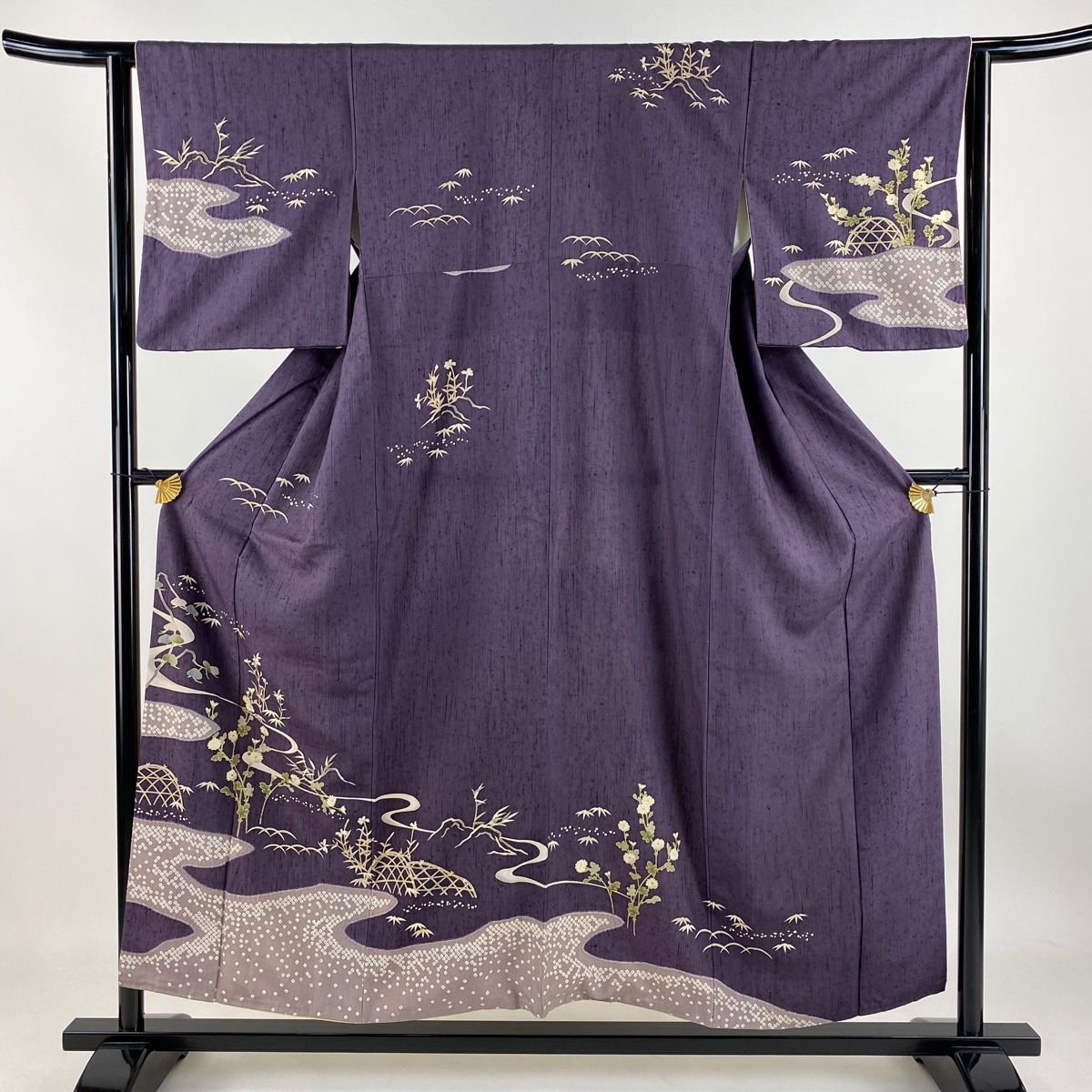 訪問着 身丈153.5cm 裄丈63cm S 袷 紬地 やまと 草花 流水 金彩 紫 正絹 秀品