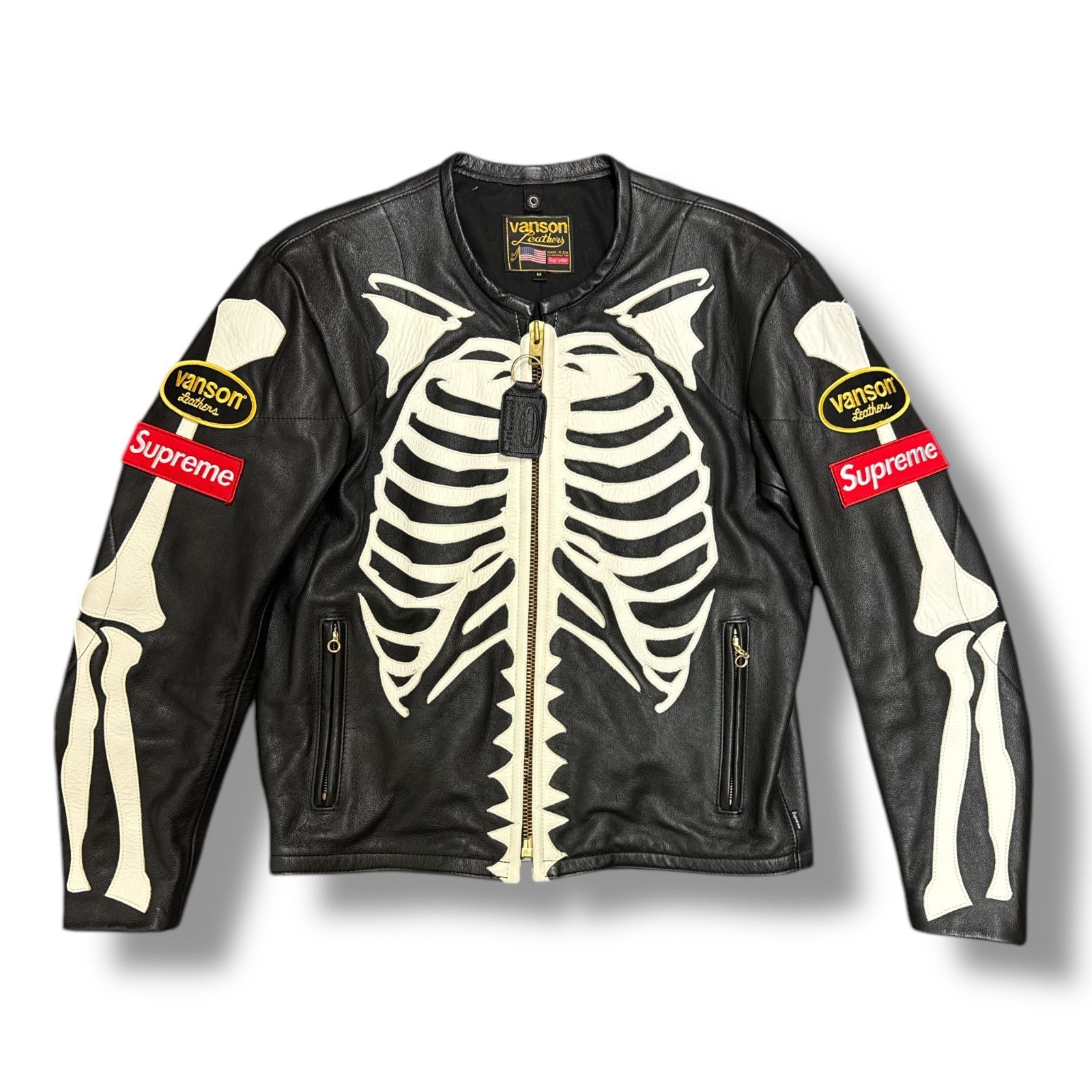 正規 Supreme × VANSON 17AW Leather Bones Jacket レザーボーンジャケット ライダースシングルジャケット 革ジャン シュプリーム バンソン コラボ ブラック M 89978A7