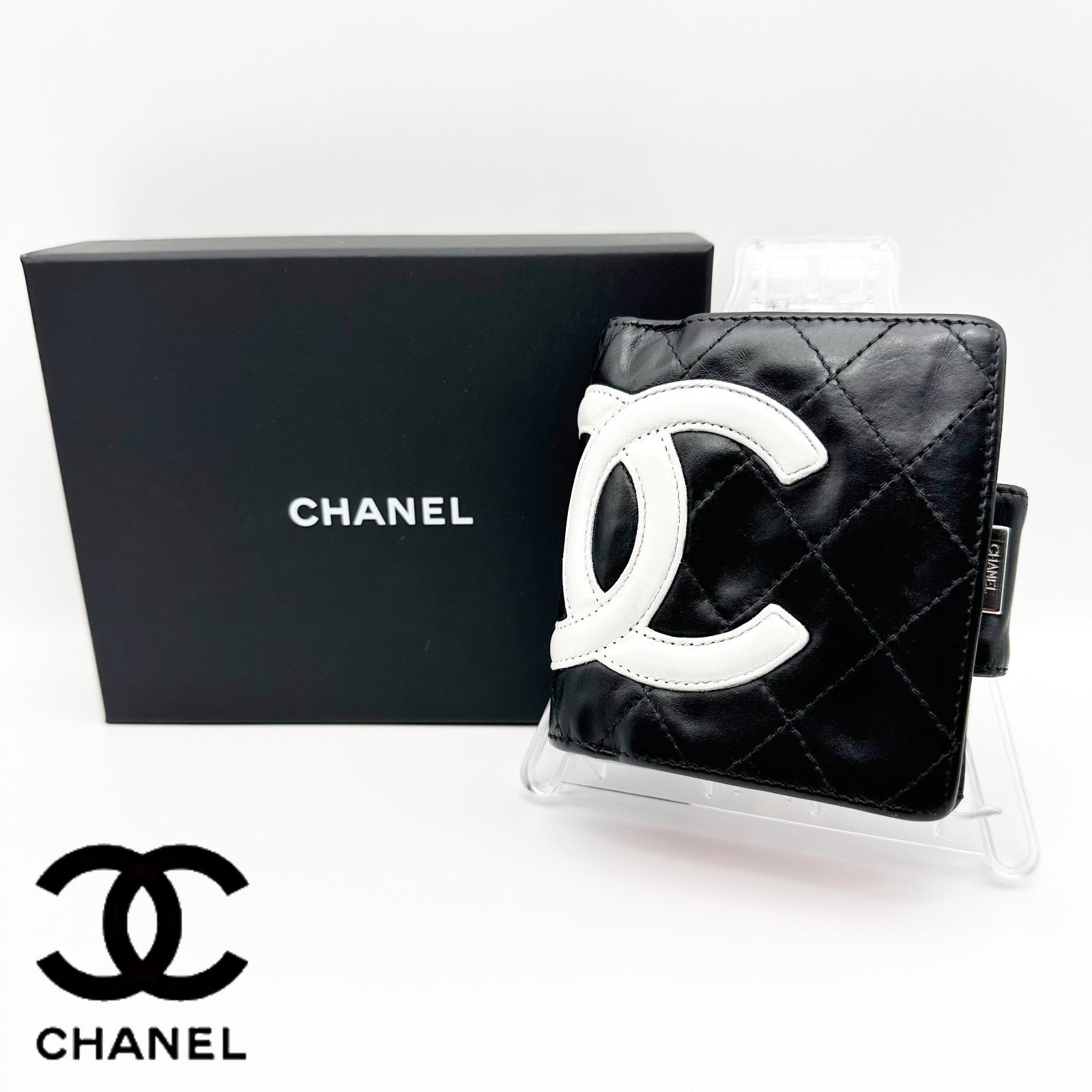 CHANEL シャネル カンボンライン マトラッセ ココマーク がま口 二つ折り 財布 コンパクトウォレット 黒 ブラック ピンク