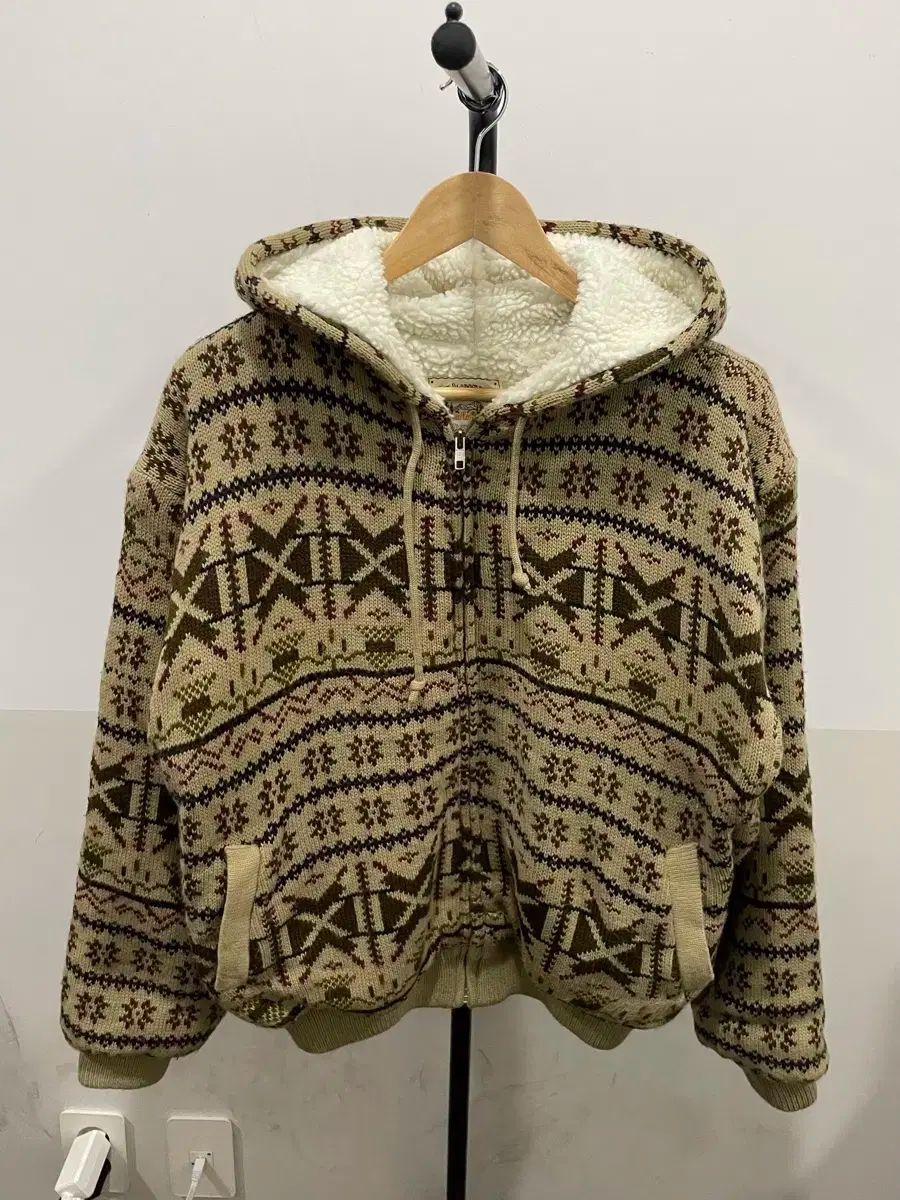 ヴィンテージ ノルディック パターン シェルパ ボアフリース ニット ジップアップパーカー フード付き