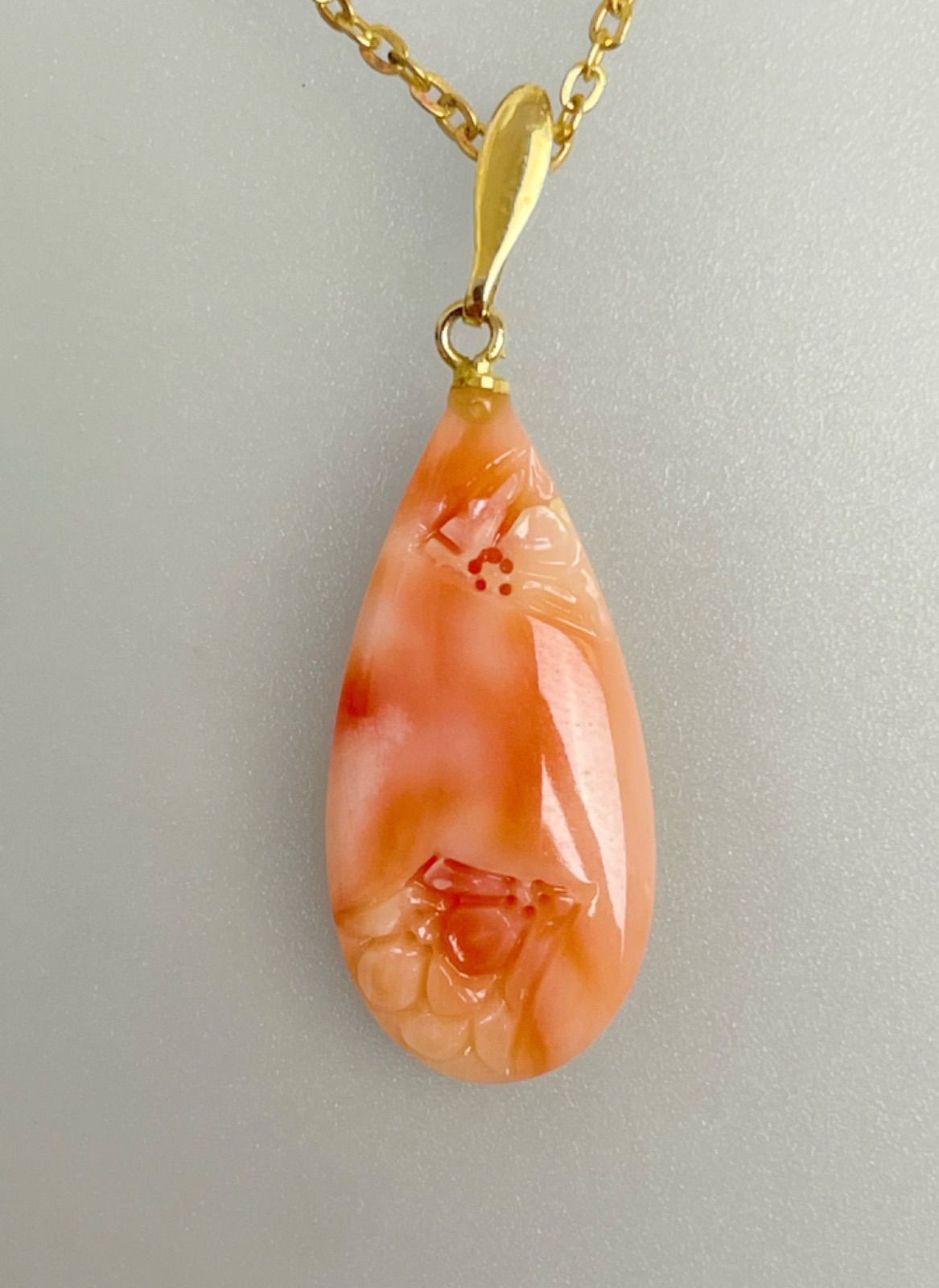 美品 天然 宝石珊瑚 桃色サンゴ 彫り 無染色 ペンダントトップ 最終 