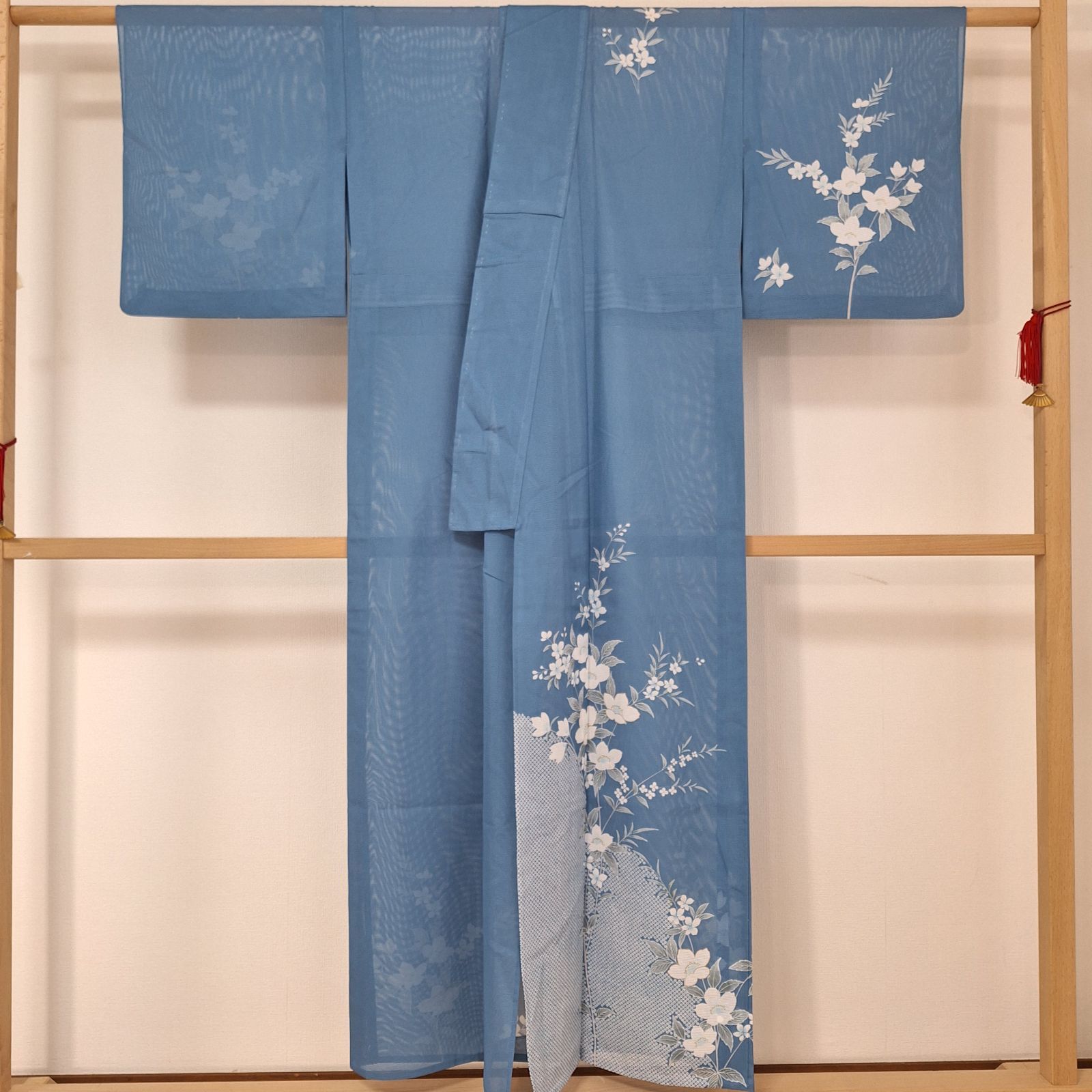 美品！小柄な方に！！洗える夏着物・付下げ 化繊 絽 ブルー系色