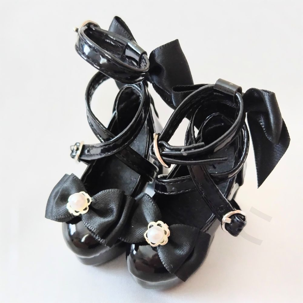 1 4ドールシューズ 厚底靴 40㎝ 人形用 BJD MDD MSD 黒色 ブラック リボン ドルフィー スーパードルフィー 着せ替え 球体関節人形 ドールシューズ ストラップシューズ ロリータ クラシカル レトロ ワンピース