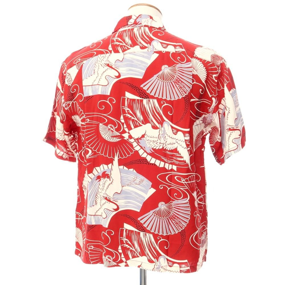 中古】サンサーフ SUN SURF 鶴＆扇柄 半袖アロハシャツ レッドx