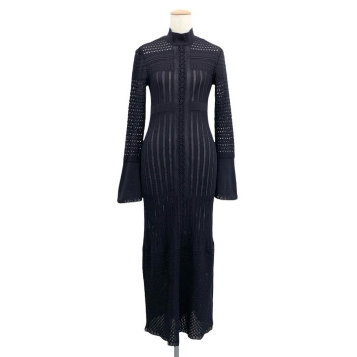Mame Kurogouchi マメクロゴウチ Lace Stripe Knitted Dress レース編みニットワンピース ネイビー 1 MM23PF-KN727